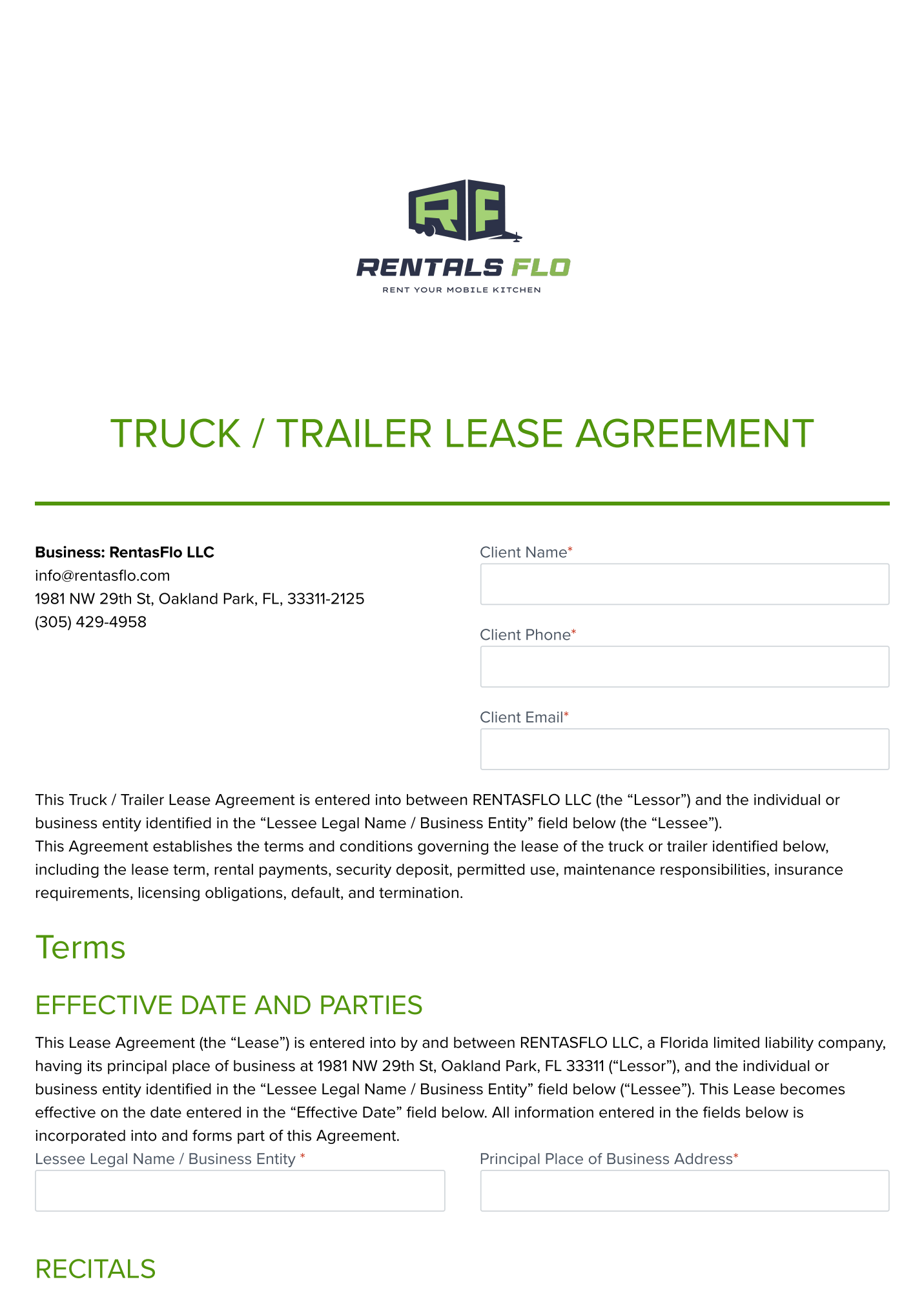 Rentasflo Simple Rent Agreement, Page 1 Of 7